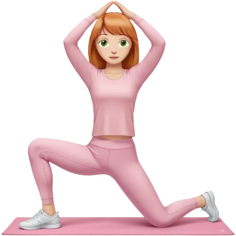 chin length ginger hair woman with bangs, green eyes, wearing long sleeve light pink yoga top, long flare light pink yoga pants, white sneakers, in gym, stretching emoji