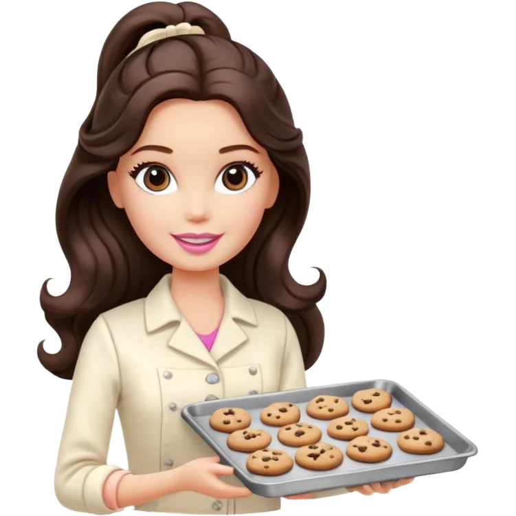 A Barbie girl with long dark brown wave hair in a cream clothes holds a Baking tray with cookies emoji