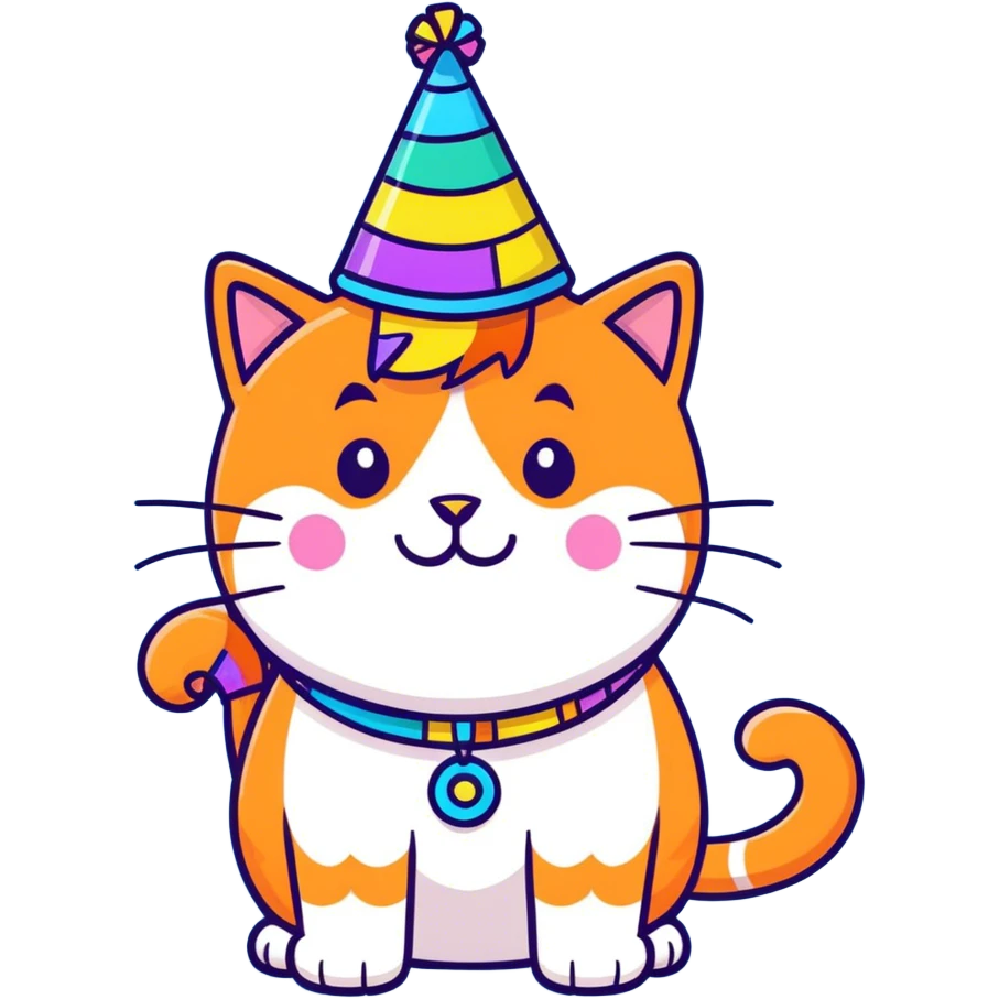 Fat orange cat with birthday hat and streamers emoji