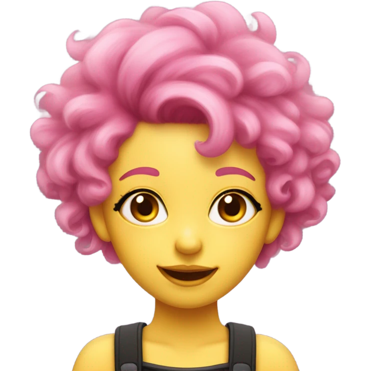 pink haired pink skin (and by pink i do mean PINK pink) girl with black eyes, yellow irisis, beige horns, smile, fluffy hair emoji