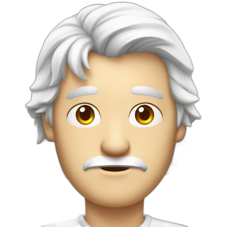 Unsure european shaved guy in his fifties with mid long white hair wearing a shirt holding a sign saying hello emoji