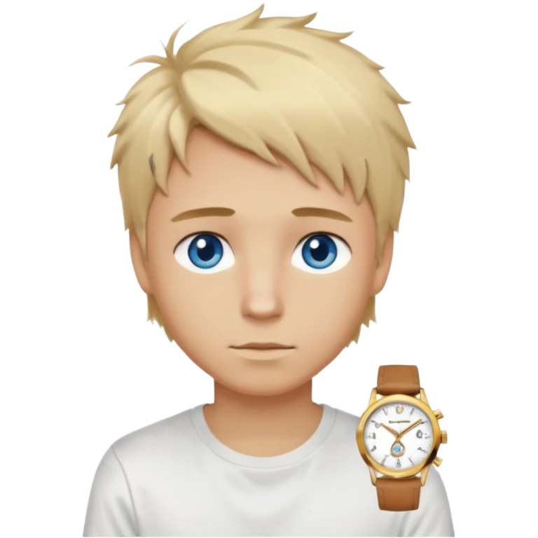 create boy blonde hair long messy, light eyes, white t shirt, rich, long hair, eyes blue, acessory rolex or cartier emoji
