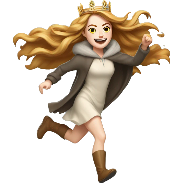 Emma Stone running, with a large stride and arms outstretched, wearing an icicle crown and winter cloak, long golden brown hair emoji