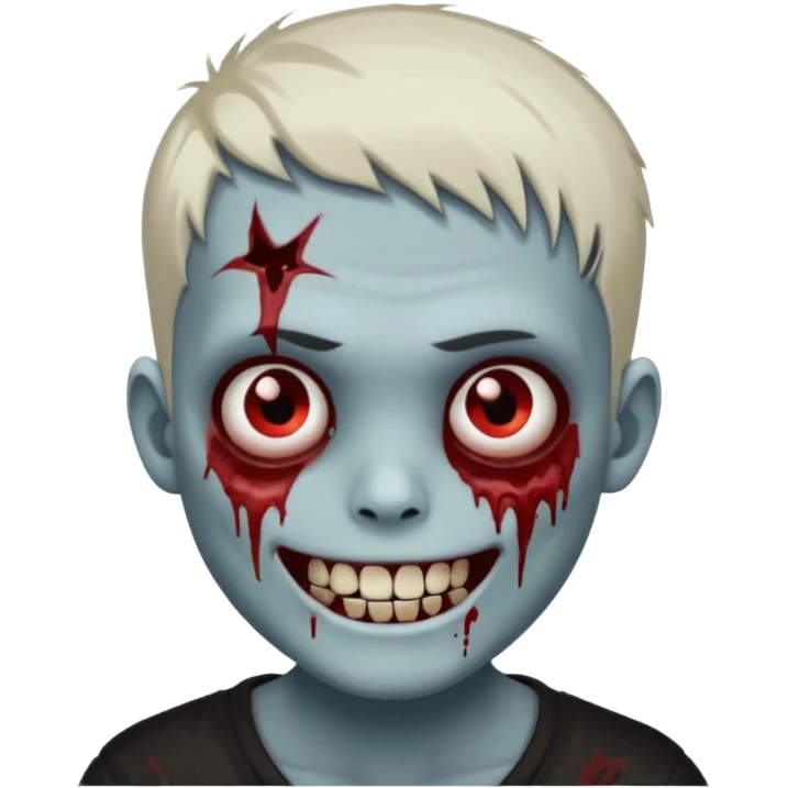 zombie boy with emo short hair, white skin, and white eyes; an open smile, and bloodied teeth; emoji