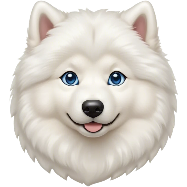 Cinematic Cute Samoyed Portrait Emoji, Head tilted playfully and inquisitively, featuring a fluffy, pristine white Fur with a natural sheen, round, sparkling blue eyes filled with curiosity, Simplified yet irresistibly adorable features, highly detailed, glowing with a warm, friendly glow, high shine, affectionate and lively, stylized with a touch of whimsy, bright and endearing, soft glowing outline, capturing the essence of a mischievous yet loving companion, so playful it feels like it could frolic out of the screen and into your arms! emoji
