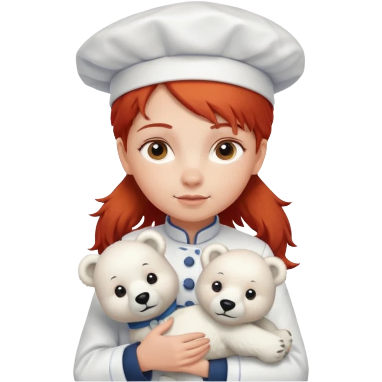 girl kid italian chef, red haired, uniform, holding plush polar bear emoji