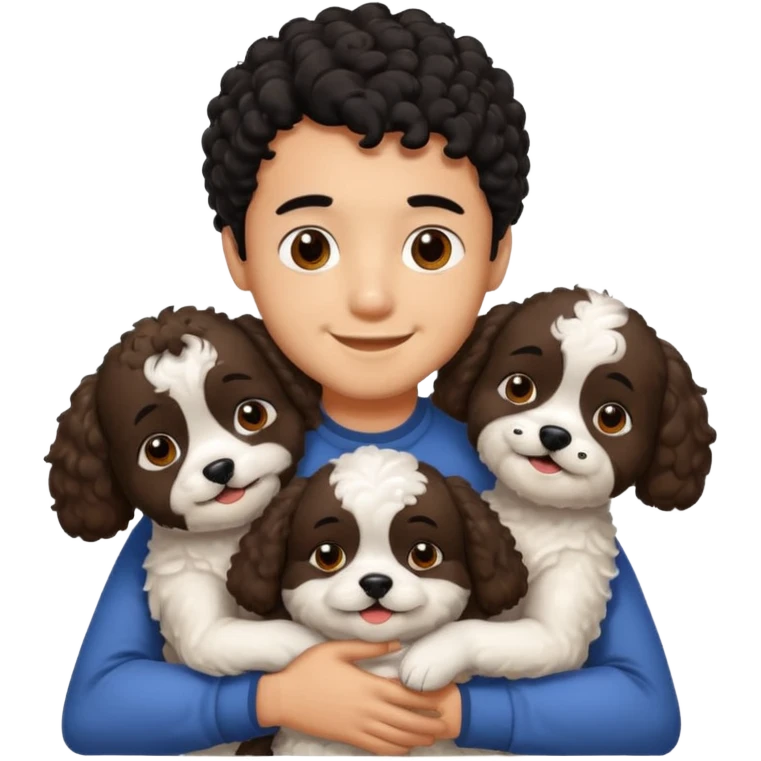 Young man with little brown skin, black curly hair, cheerful dark brown eyes, hugging two shitzu dog emoji
