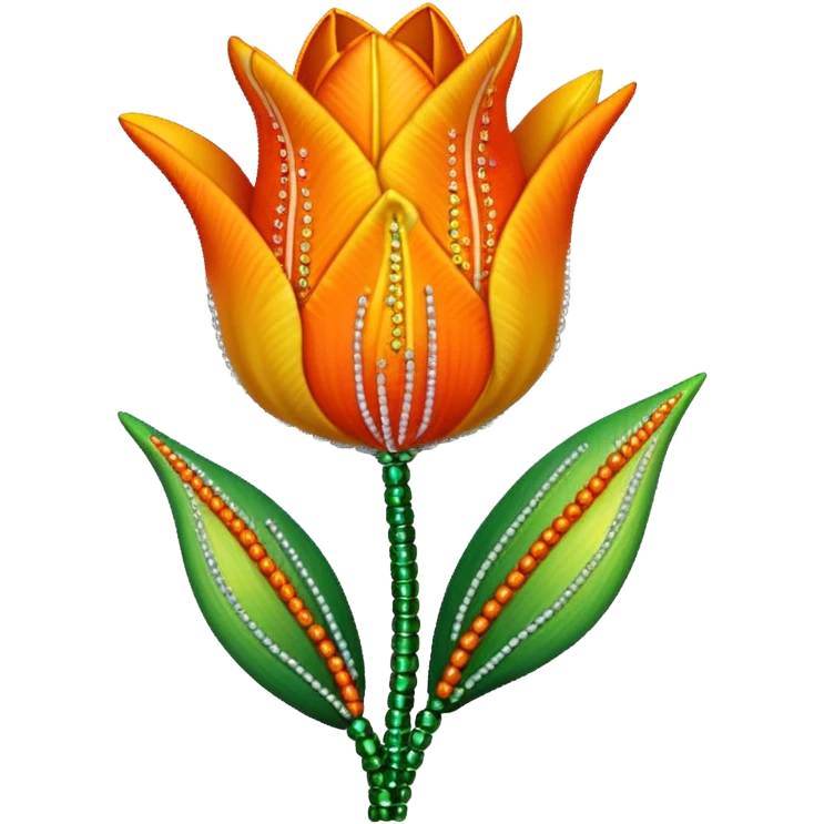 french beaded tulip, floral craft, sparkling glass beads, orange and yellow gradient petals, green foliage, realistic, elegant, no background emoji