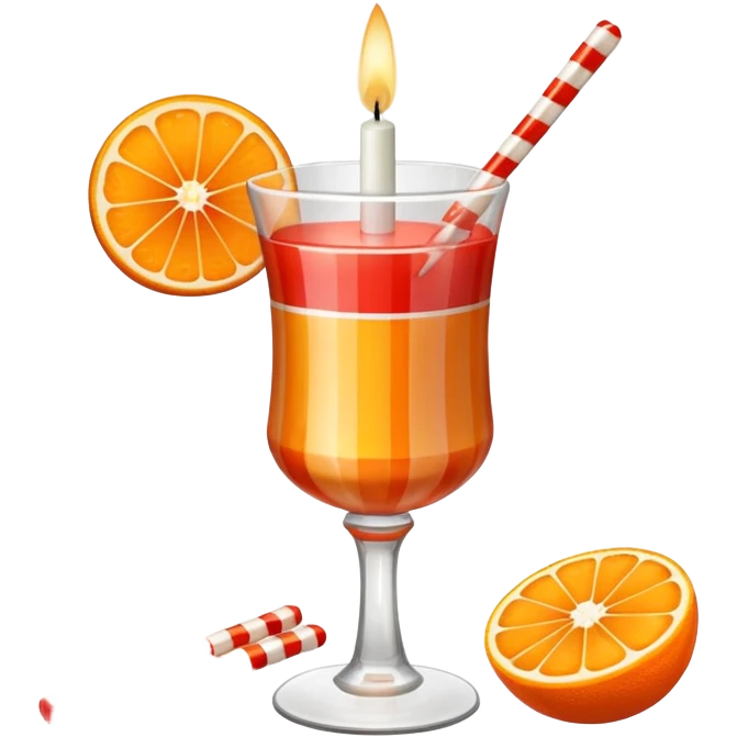 An orange with a horizontal red stripe around the middle. 4 vertical cocktail sticks in the orange with small pieces of candy on the sticks. On top of the orange a small white lit candle. emoji