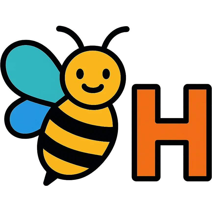 cartoonish honey bee with the letter H, colorful wings, bright and cheerful emoji
