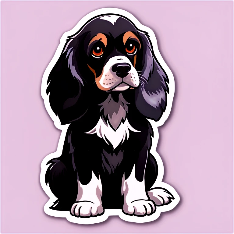 english cocker spaniel black and dark silver with long ears and sitting  emoji