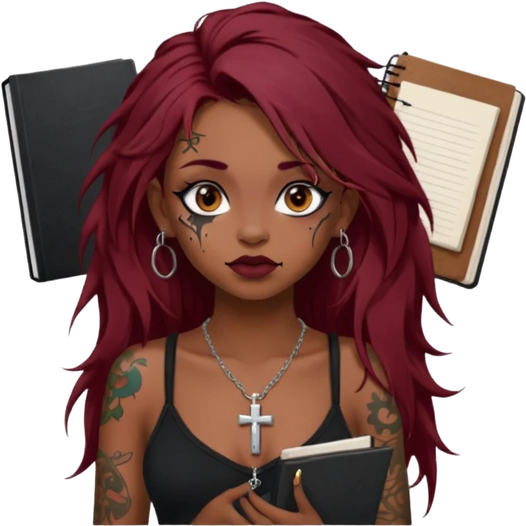 generate an ios genmoji of a dusky girl with long dark red messy hair with eyeliner on her eyes. septum piercing, wearing a cami black top, has tattoos, on shoulders. ear piercings. wearing a cross silver necklace. carrying a lot of sketchbooks


no tattoos on face emoji