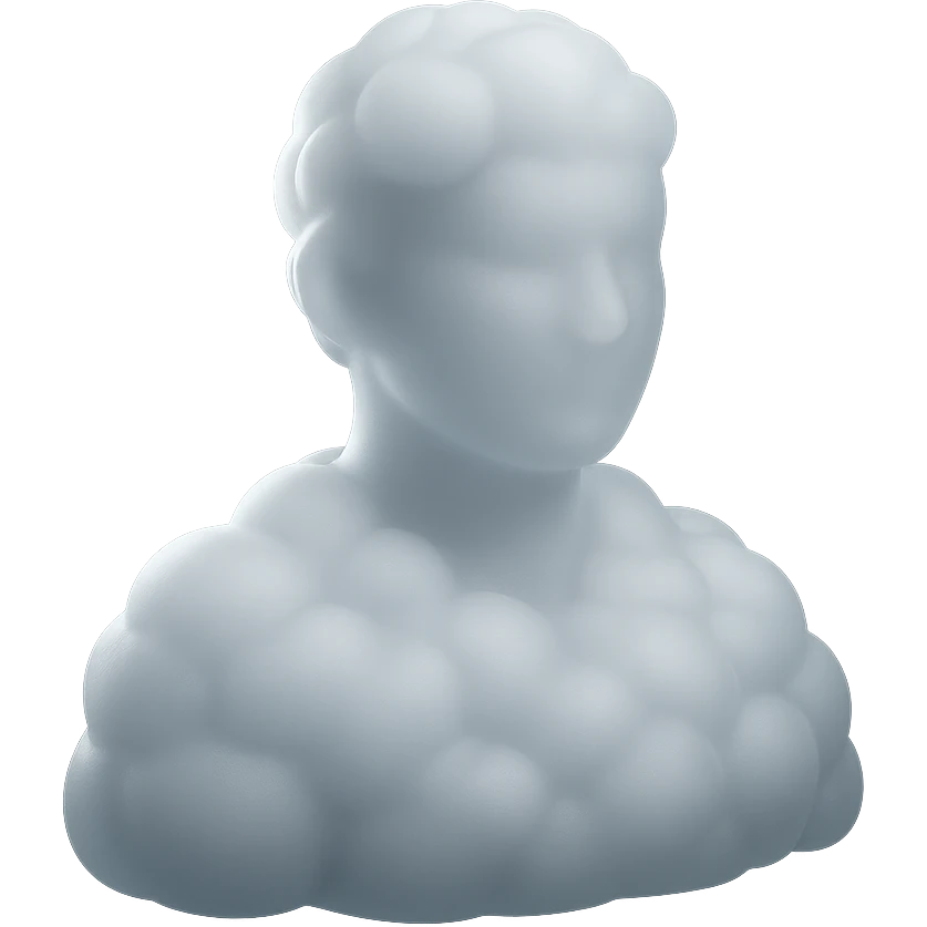 shoulder-up person fully made of white fluffy convex clouds, matte glass style emoji