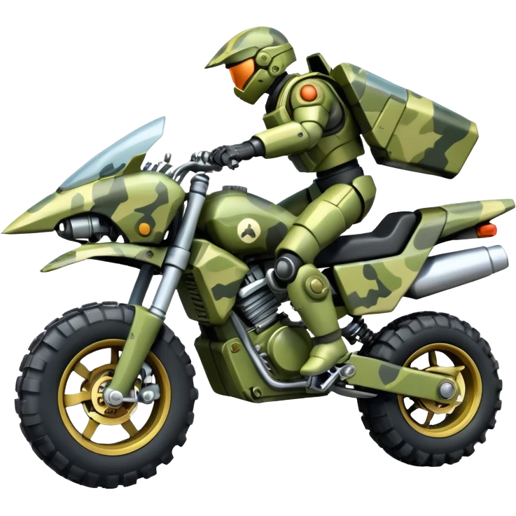 a 4-wheel camouflage army massive mech motorcycle shooting forward side-hill active suspension enemy mech off-road racing motorcycle with large fast engine  emoji