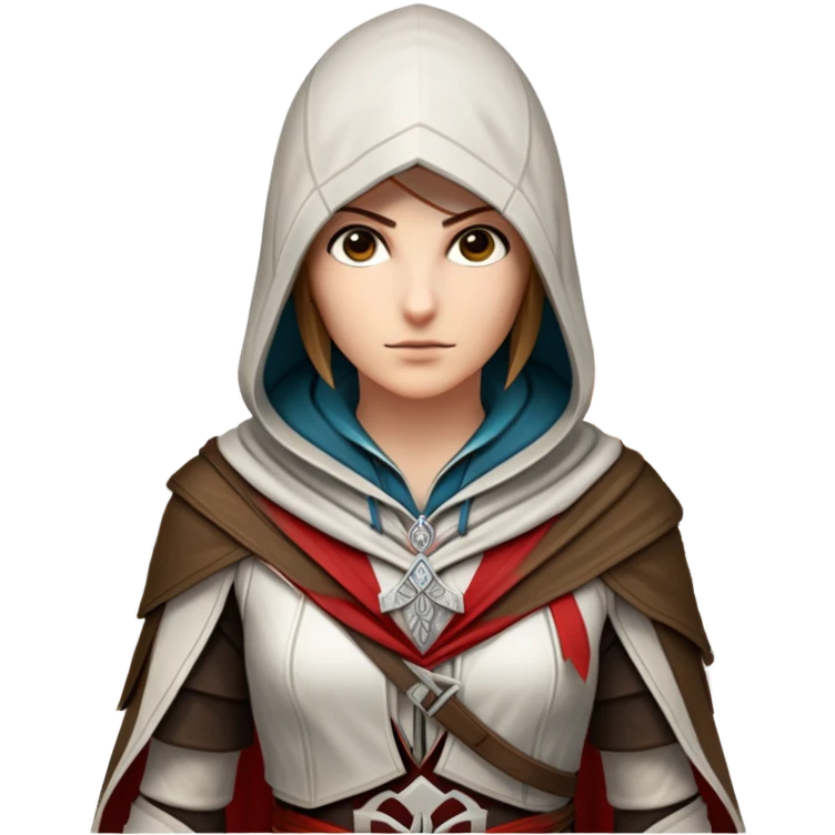 icon featuring Assasin's Creed in an iconic assassin's hood, standing tall. Florence is on background. The design captures the essence of adventure, with intricate details of historical architecture and a sense of mystery. The character is poised, ready for action. transparent background. emoji