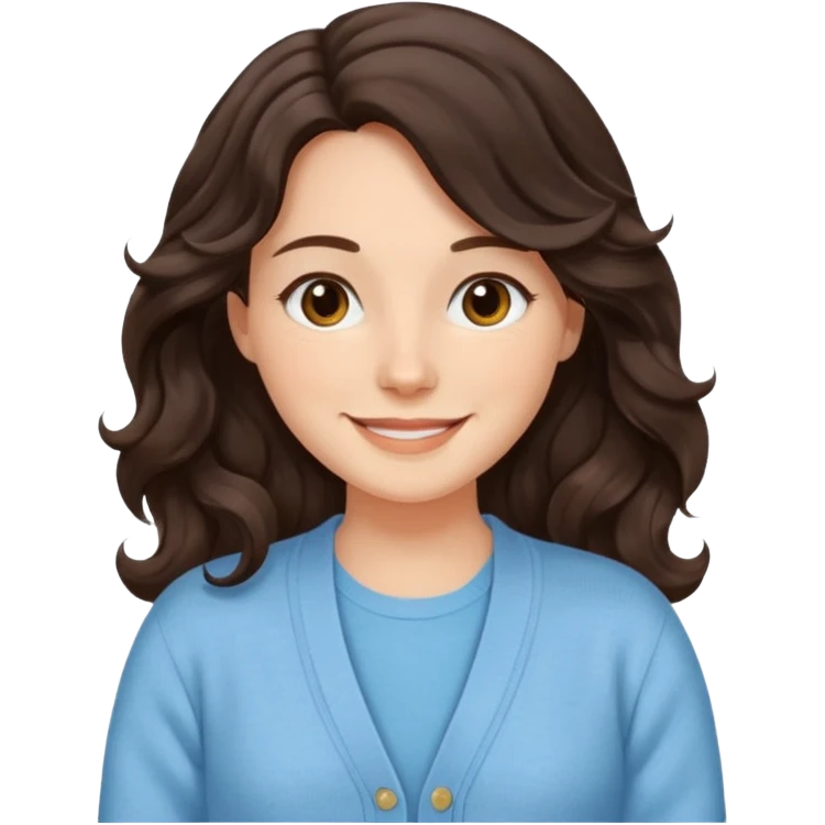 Juli – Cewe Perasa Kulit putih lembut, rambut coklat gelap panjang bergelombang natural, terurai. Pakai cardigan biru muda terang Duduk ekspresi senyum emoji