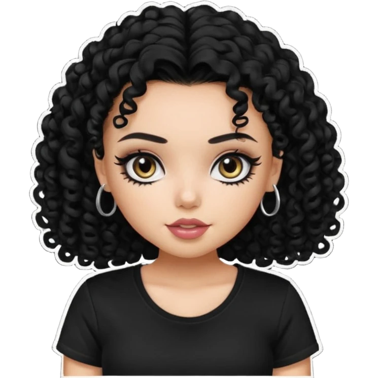a pretty bratz girl with curly black hair, eyeliner, wearing a black tshirt emoji