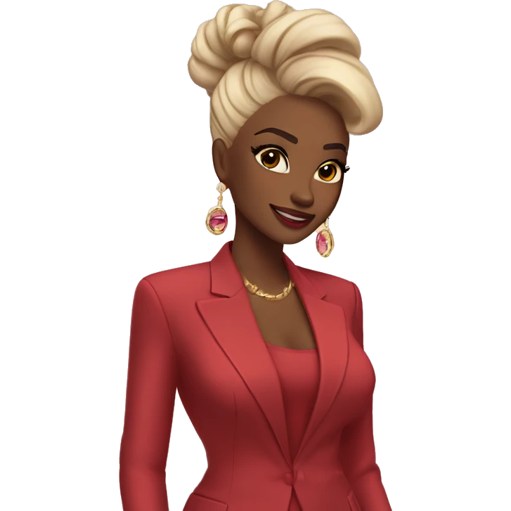 Sure! Here’s a super short version:

	•	Outfit: Deep red suit, gold jewelry, pink clutch.
	•	Hair: Black, half-up with a red ribbon.
	•	Skin: Warm tan, glowing.
	•	Makeup: Winged eyeliner, nude lips, soft blush.

Let me know if this works! emoji