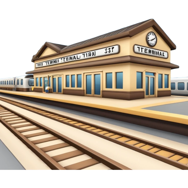 A 3D cartoon train terminal with tracks, platform signs, and an arriving train, Memoji-style realism. emoji