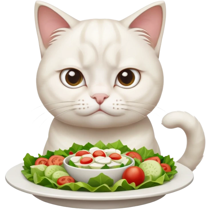 grumpy white cat sitting at a table, looking confused with its ears slightly back. In front of the cat is a plate with a salad emoji