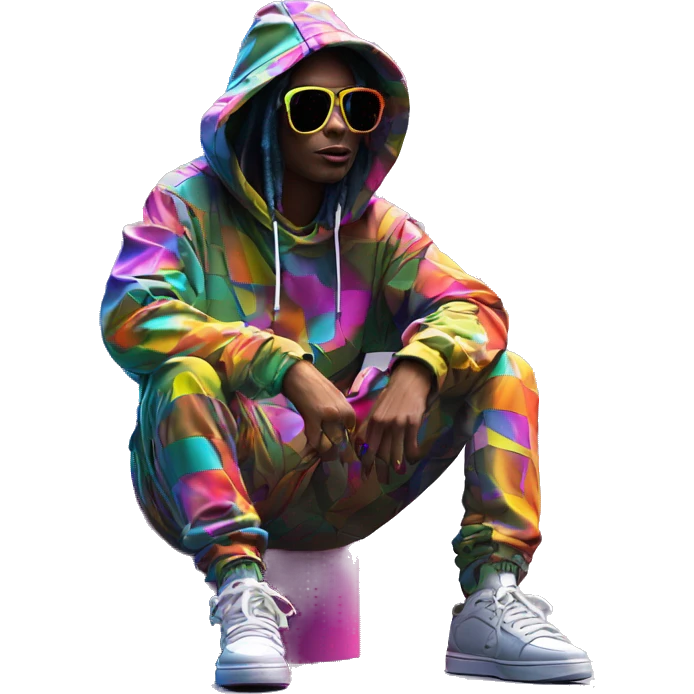 Multicoloured neon person smoking wearing patchwork patterned hippie groovy retro hoodie dancing hip hop bucket hat tropical Skater fashion aesthetic baggy clothes graphic t shirt 420 emoji