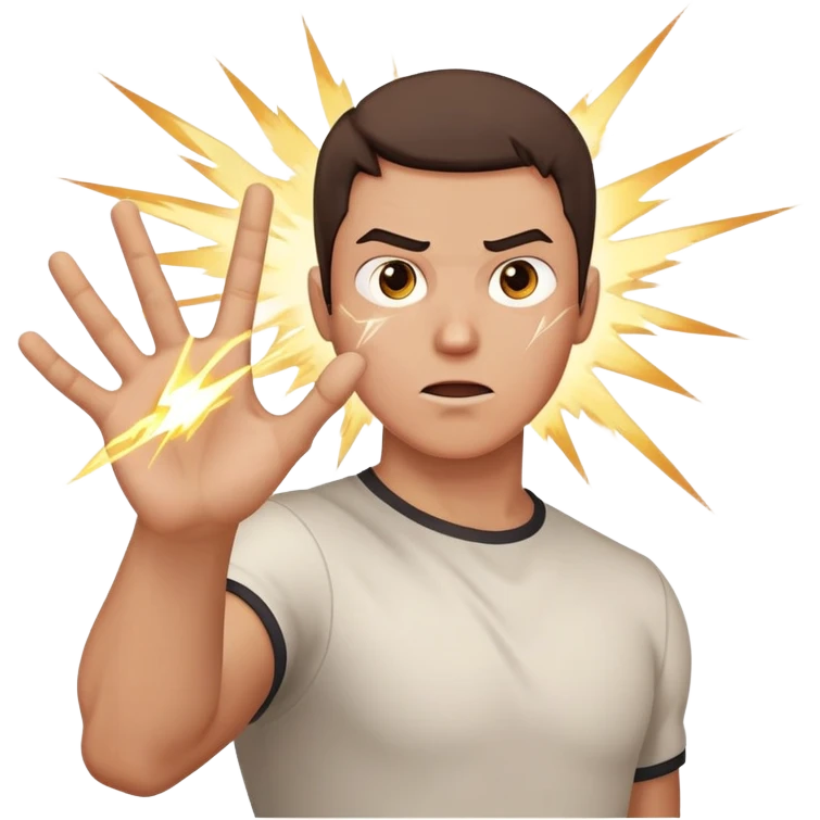 person aiming open palm hand at viewer, hand takes up most of the image, wrathful destructive facial expression, lightning blasts in background emoji