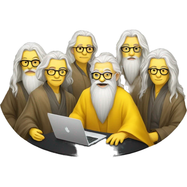 group of gandalfs, round yellow table, yellow clothes, glasses, macbooks emoji