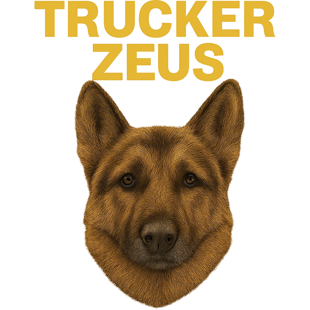Make the image background transparent while keeping the realistic German Shepherd and the yellow 'Trucker Zeus' text intact. Ensure the file size is under 1MB. emoji