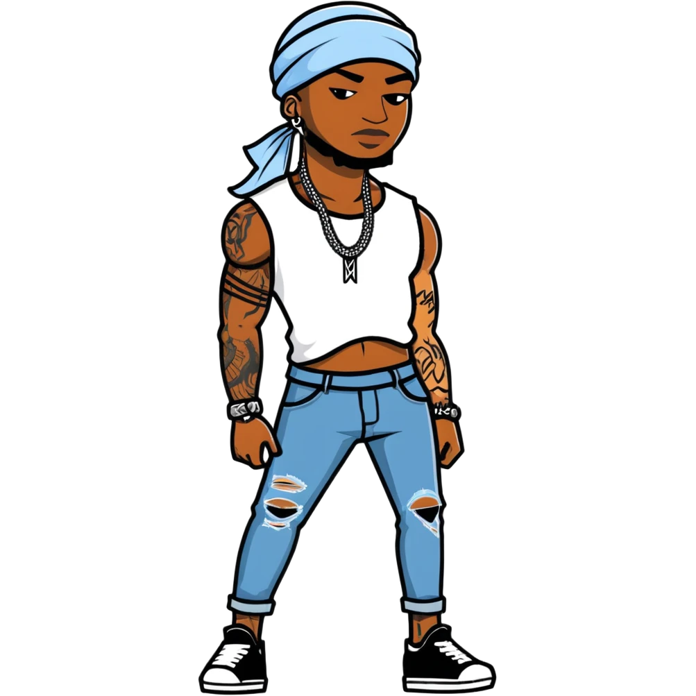 Black man with durag on and ripped skinny jeans with tattoos  emoji