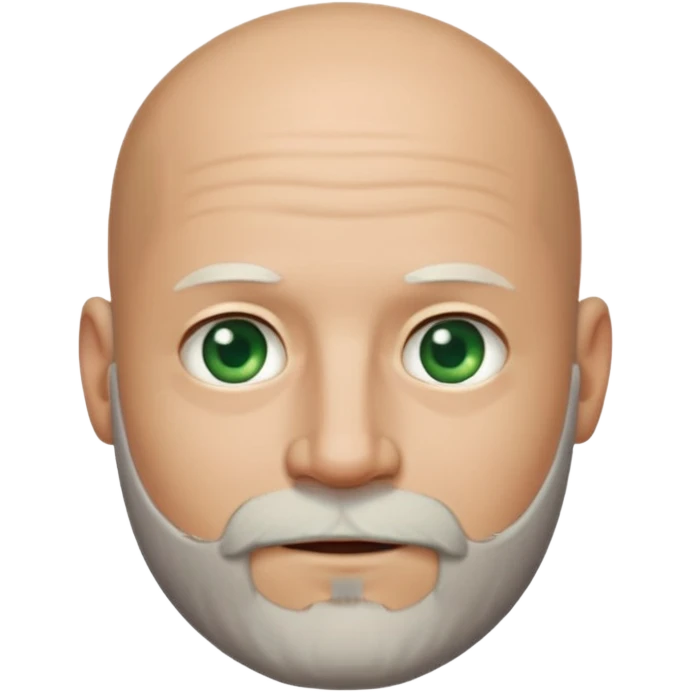 a man with light skin, a bald head, and a well-maintained beard that is darker at the top and greying towards the chin. He has striking light green eyes and a subtle, closed-mouth smile. The lighting highlights his face, and the background is softly blurred, suggesting an indoor setting. emoji