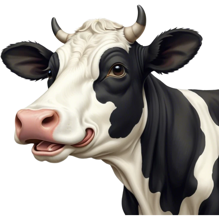 Cinematic Cute Yawning Black and White Cow Portrait Emoji, Head tilted slightly with a dramatic, wide-open yawn, showcasing a smooth, contrasting coat of black and white, floppy ears slightly drooping, round brown eyes barely open in drowsy contentment, Simplified yet irresistibly adorable features, highly detailed, glowing with a soft, cozy glow, high shine, relaxed yet expressive, stylized with a touch of modern whimsy, bright and endearing, soft glowing outline, capturing the essence of a sleepy yet affectionate cow, so drowsy it feels like it could stride out of the screen and curl up for a nap! emoji