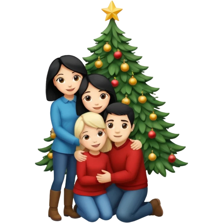 Generate Christmas-style emojis  family. Where light-skinned people stand near the tree all together, hugging and smiling. 2 girl should be Light-haired woman, 1 woman black-haired woman, and 1 man  emoji