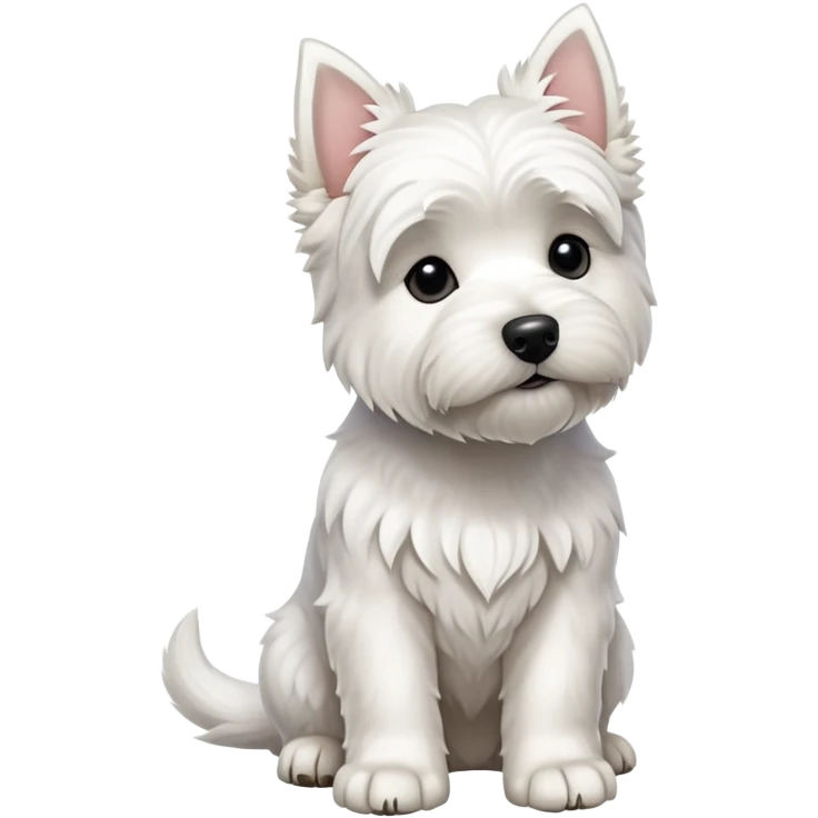 cinematic-[west highland white terrier]-realistic-full-body-sitting-emoji,-tail-resting-loosely-beside-its-paws,-head-tilted-dramatically, dooped ears -wavy-[white-fur,-simplified-yet-realistic-focused-features,-highly-detailed,-glowing-with-an-almost-sarcastic-glow emoji