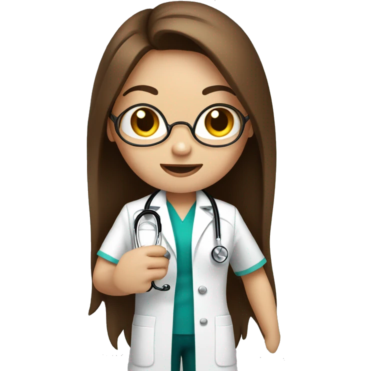 doctor girl with long brown hair and white skin, holds a stethoscope in his hands emoji