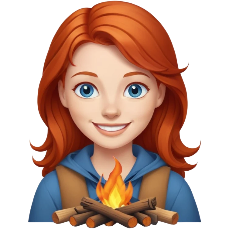 Happy Redhead woman with blue eyes beside campfire emoji