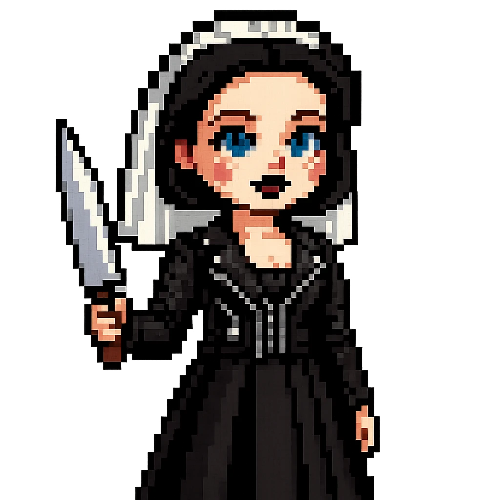Make Chucky’s bride doll hold a knife, keep her in a black dress and leather jacket with dark makeup, pixel art style emoji