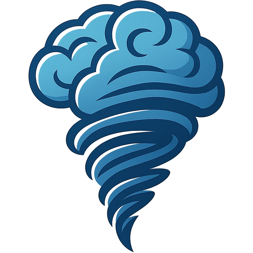 A brain with tornado-like spirals emerging from it, merging the ideas of mind and storm, for a brainstormer icon. emoji