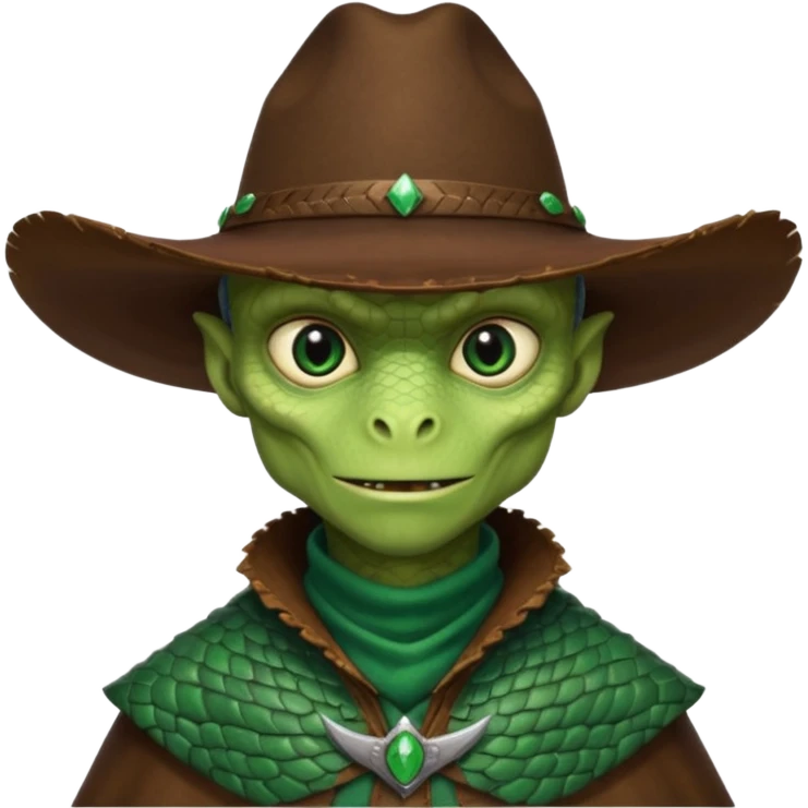 Portrait of a reptilian alien cowboy with textured scales, slit pupils, sharp jawline, dark brown cowboy hat, leather poncho, intense gaze, warm desert lighting, hyper realistic, shallow depth of field, cinematic western atmosphere
 emoji