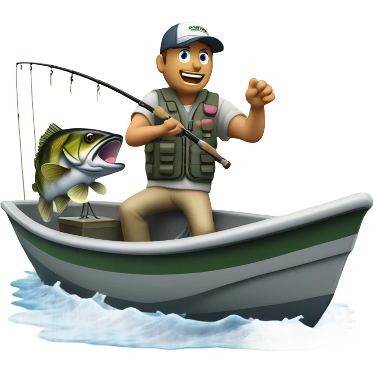 Bass fisherman catching bass on topwater lure from a bass boat on a hazy morning on a lake emoji