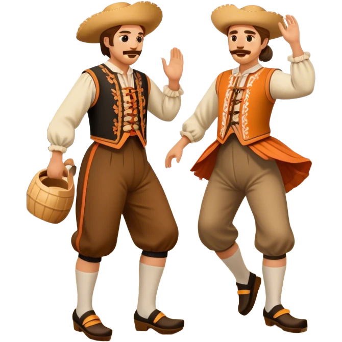 Cinematic Realistic scene of two performers executing the Klompendans, dressed in traditional Dutch costumes complete with wooden clogs and detailed folk patterns, captured in lively motion with soft, natural lighting emoji
