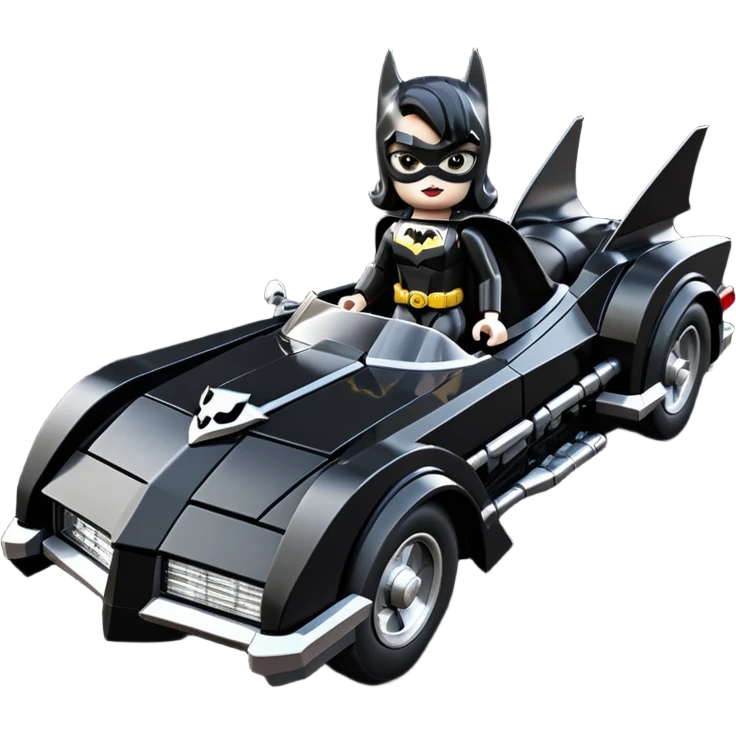  aerodynamic opulent dark knight futuristic concept Catwoman Batgirlmobile loosely based on 1977 Mustang coupe deville roadster racing Lego (flat long straight faceted mechanical body) winged stealthy street hot rod  emoji