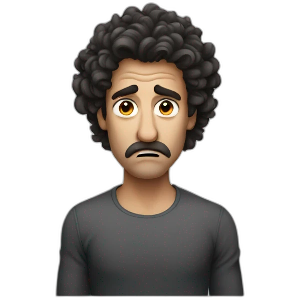 Man with big nose and dark long curly hair looking angry emoji