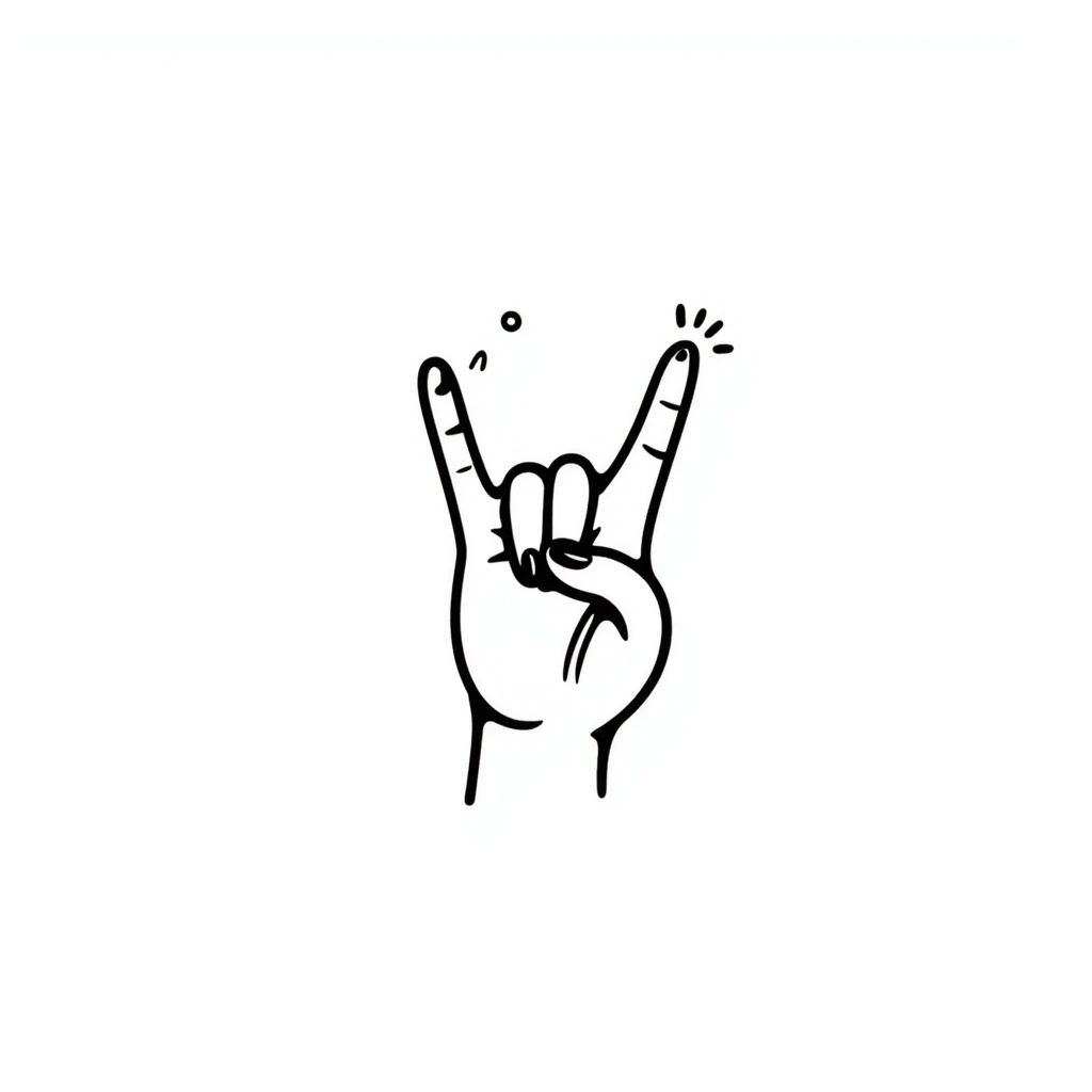 symmetrical hand making rock sign with musical details, stylized doodle style, square format, emoji style emoji
