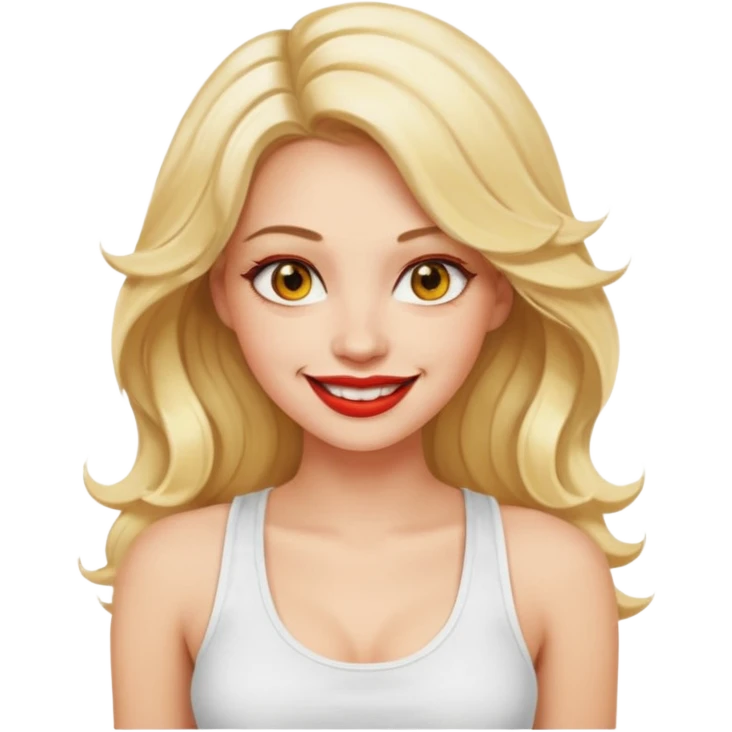 a woman with white tank top and smile, her hair is long wavy blonde hair, her face is baddie girl style, her eyes color are yellow and the color of her lip is soft red emoji
