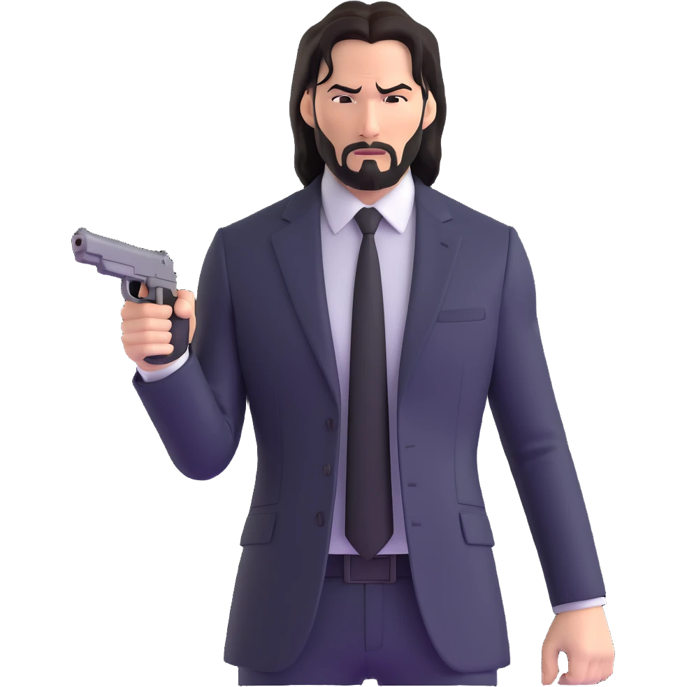 John Wick in black suit and tie, long dark hair, intense stare, action pose emoji