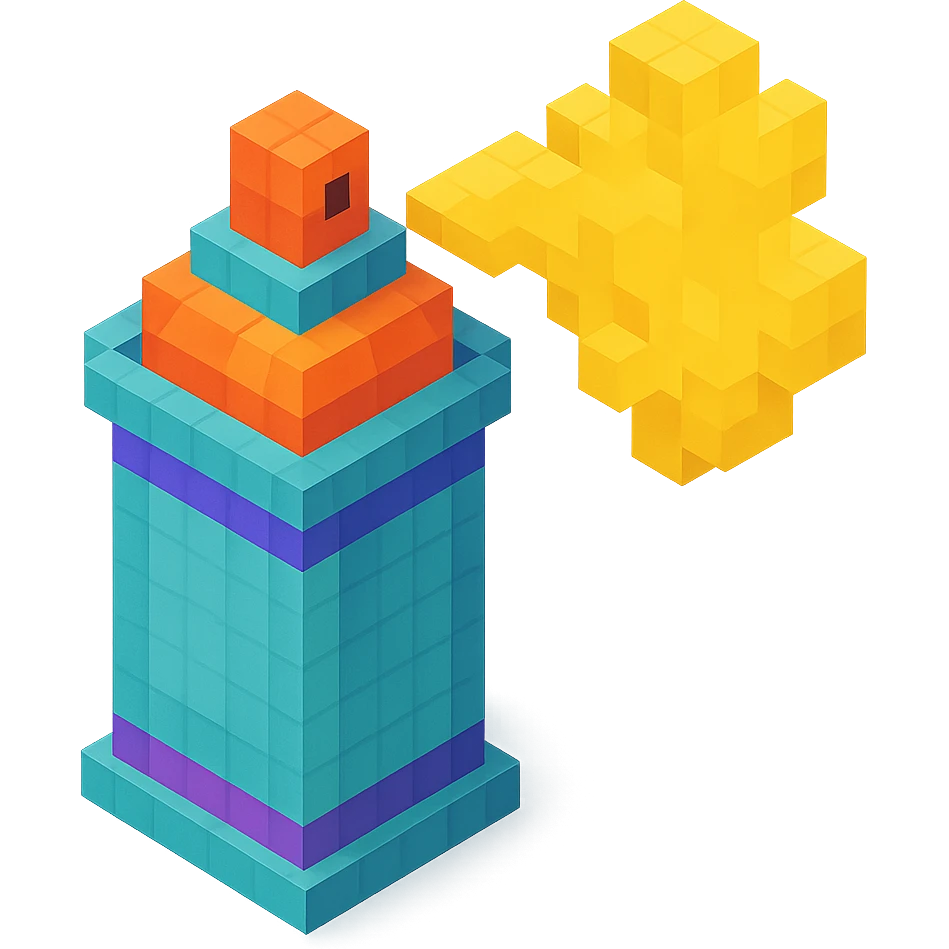 voxel style spray paint can with gold paint, spray coming out, isometric view emoji