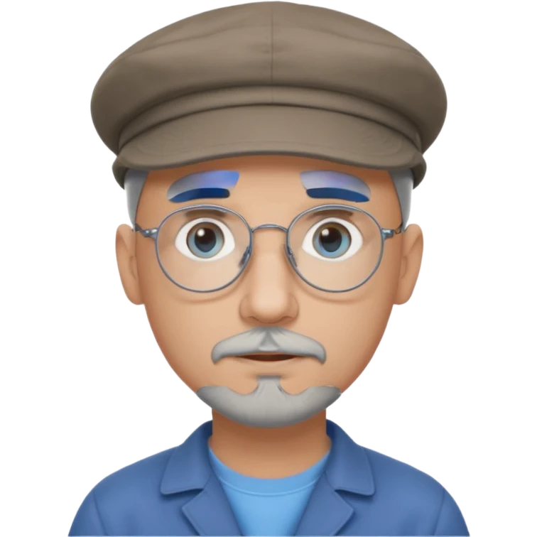 Bald, grey goatee, wire rim glasses, blue eyes, grey flat cap, round face emoji