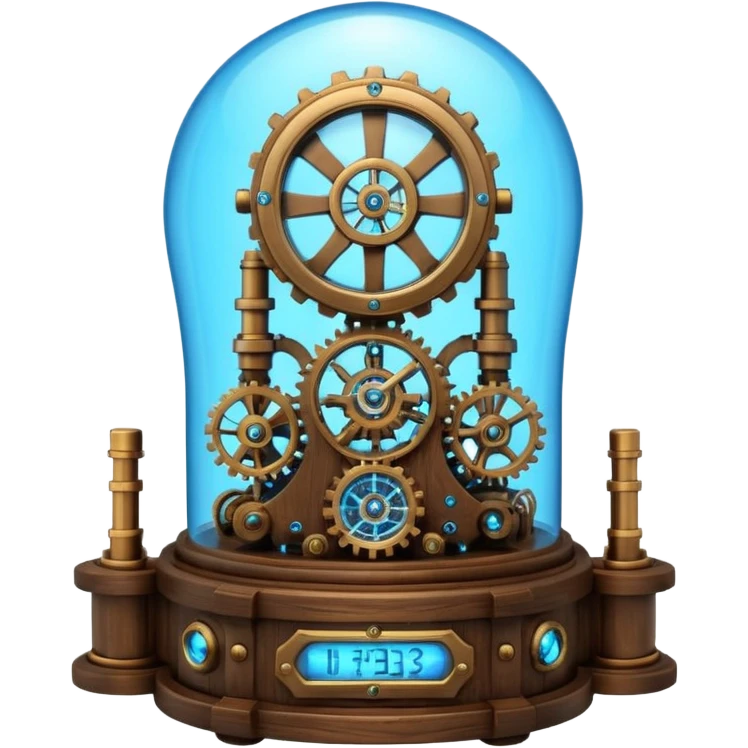 Portrait of a steampunk-style time machine with brass gears, glowing blue core, and glass dome emoji