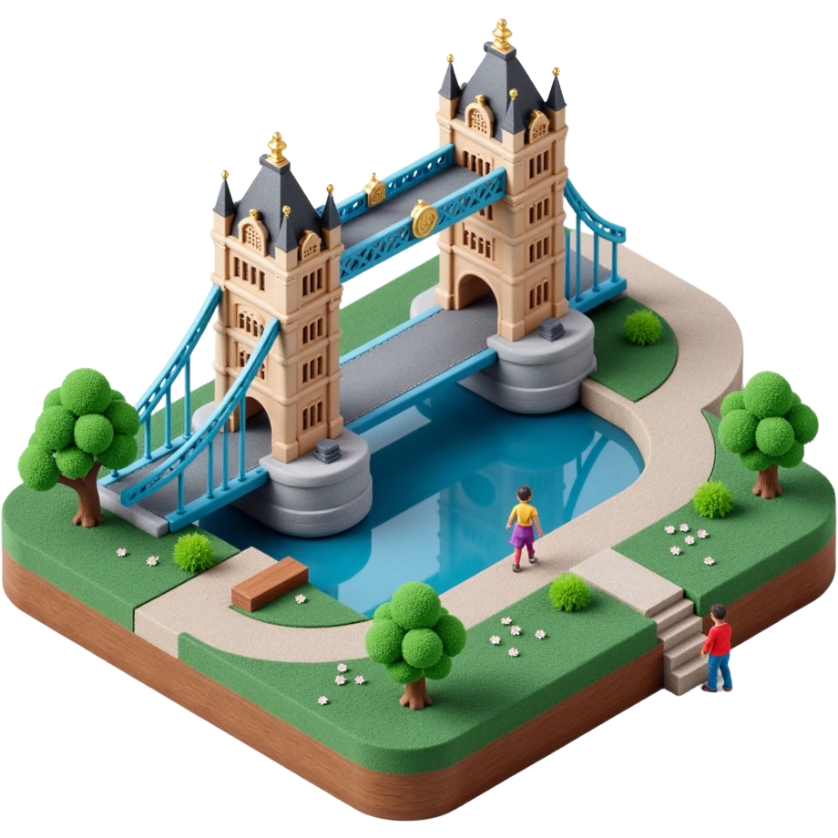 Isometric illustration of London, featuring photorealistic Tower Bridge over a section of river, highly detailed in semi-realistic style with sharp outlines, subtle brick and metal textures, soft shadows, balanced between stylized and realistic, 3D miniature effect, transparent background. emoji