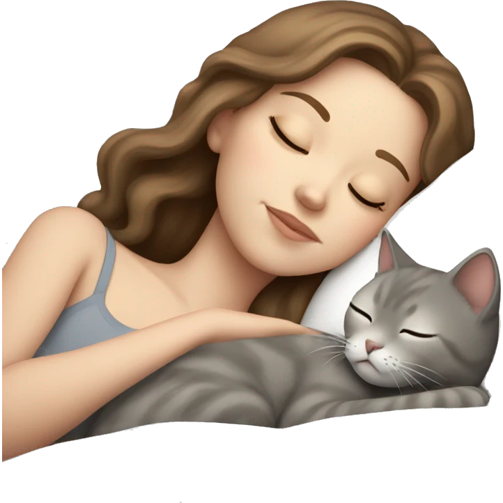White girl brown hair sleeping with light grey kitty emoji